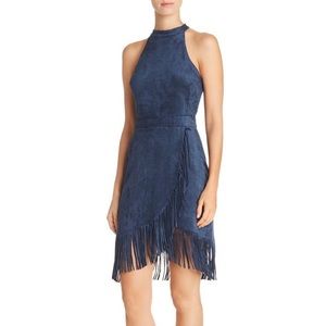 Aqua fringe faux suede navy blue wrap mini dress